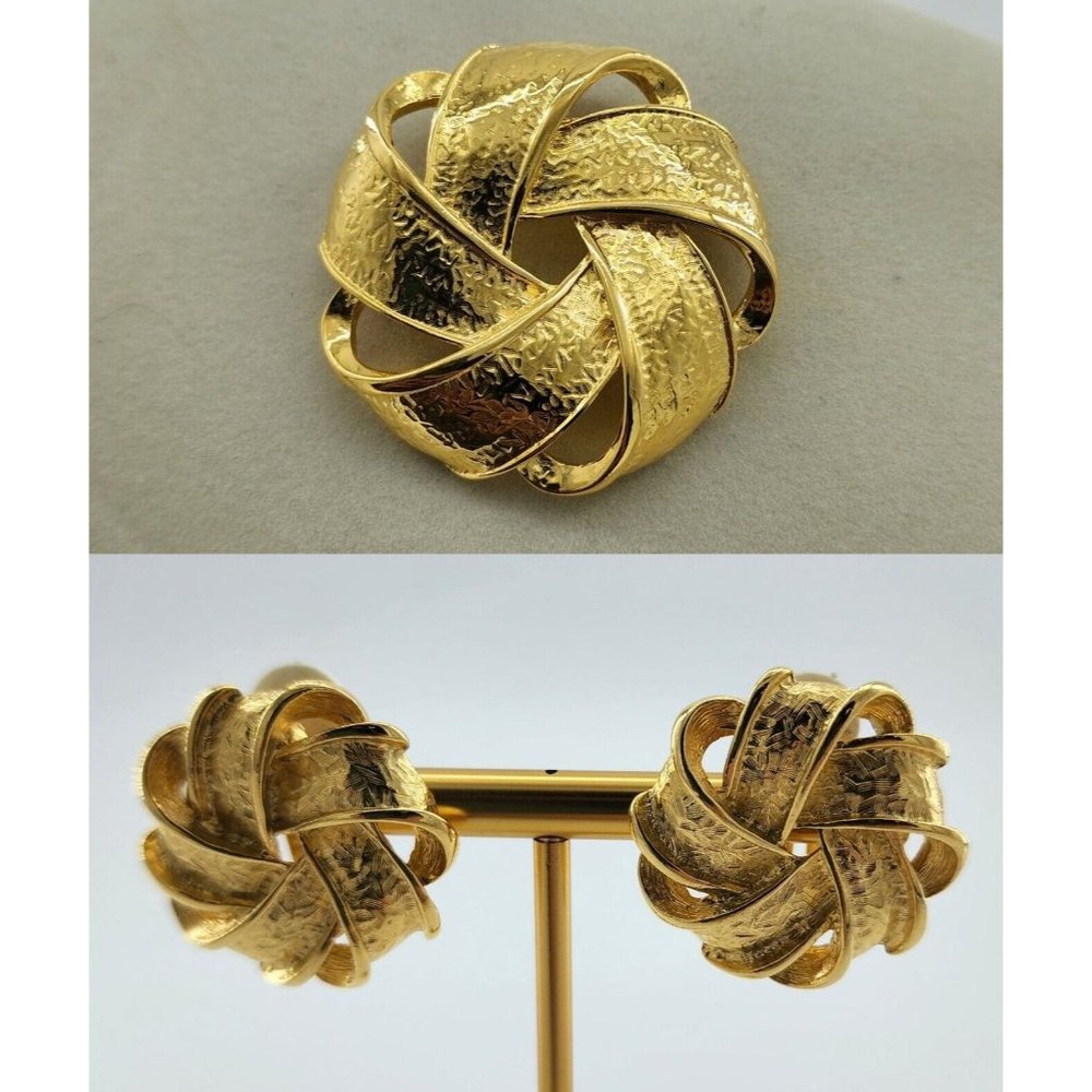 Vintage Premier Design Gold Tone Earrings‎ & Brooch Set Twist Ribbon